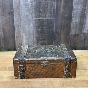 Vintage Hammered Copper Clad Wood Jewelry Box Floral Pink Interior Trinket